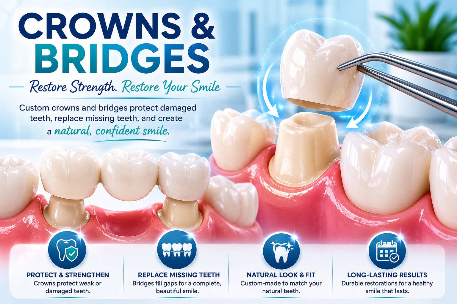 Dental crowns and bridges for restoring damaged and missing teeth