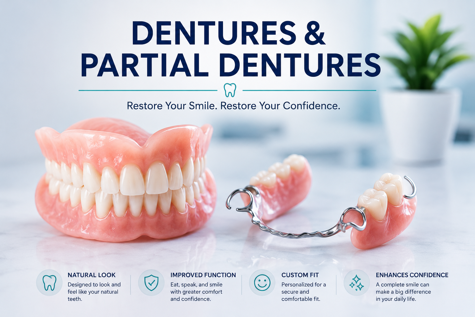 Dentures and partial dentures for replacing missing teeth