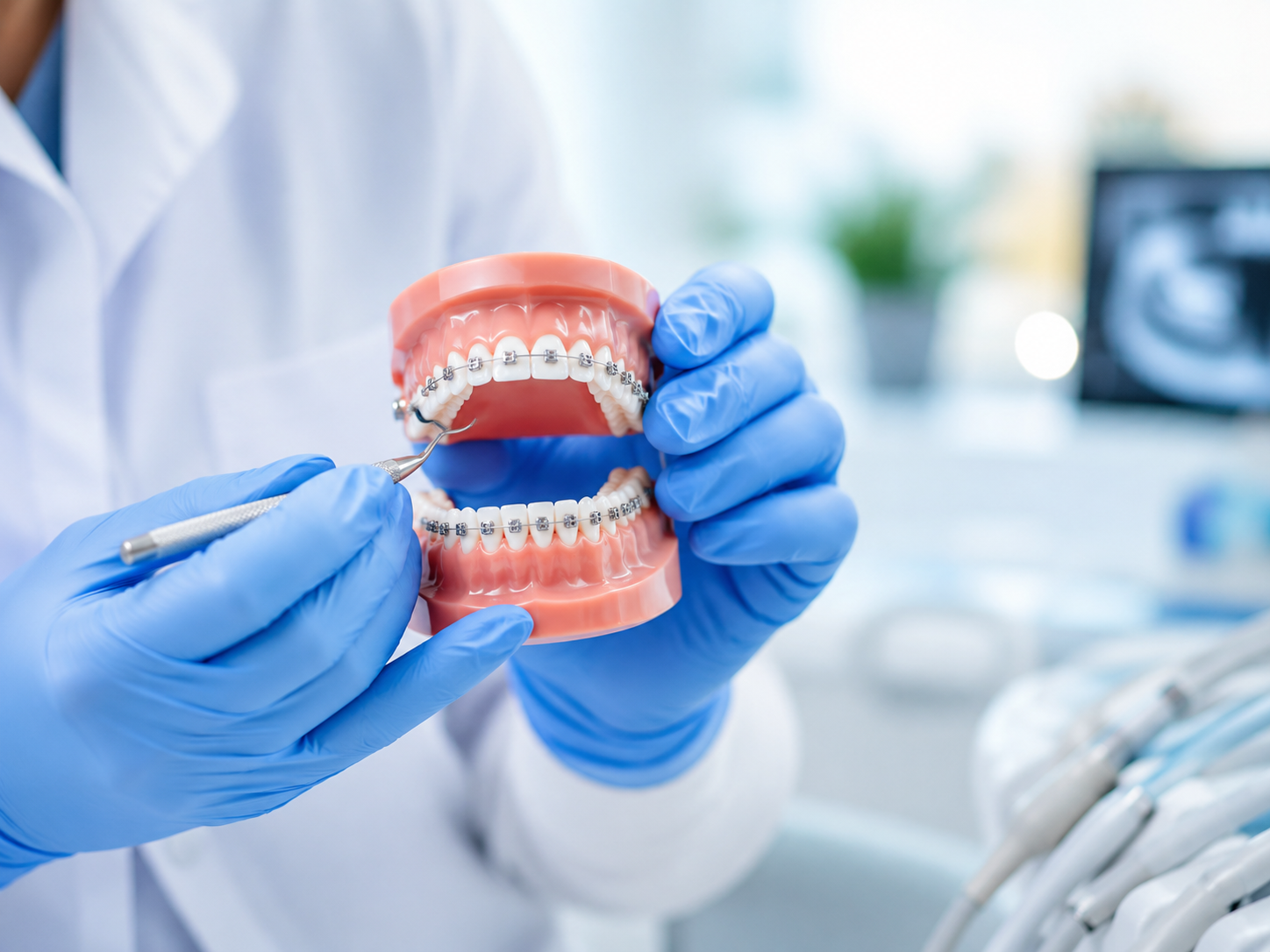 Orthodontic dental model with braces demonstrated by a dental professional